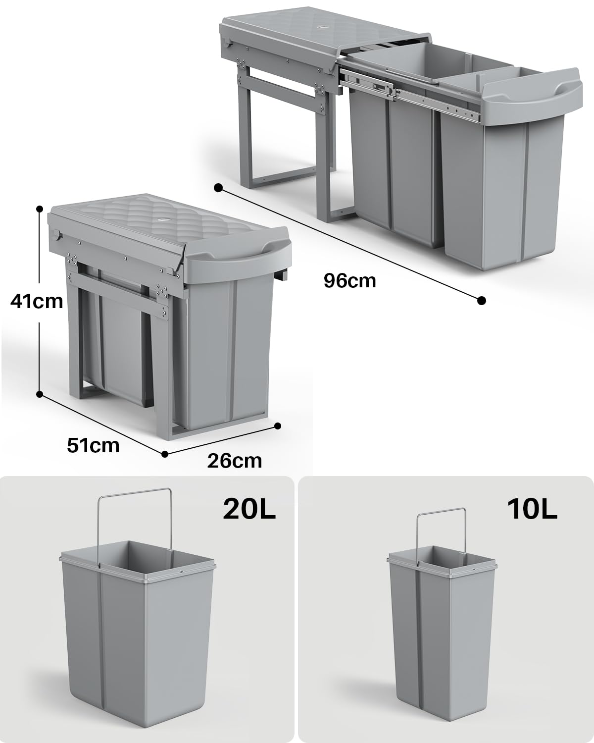 lovewind Abfallsammler Tandem, 10L+20L, Mit seitlichem Hängekorb, Abfalleimer für Schränke ab 300 mm Breite, Mülltrennung als Vollauszug mit Teleskopschienen, Dunkelgrau