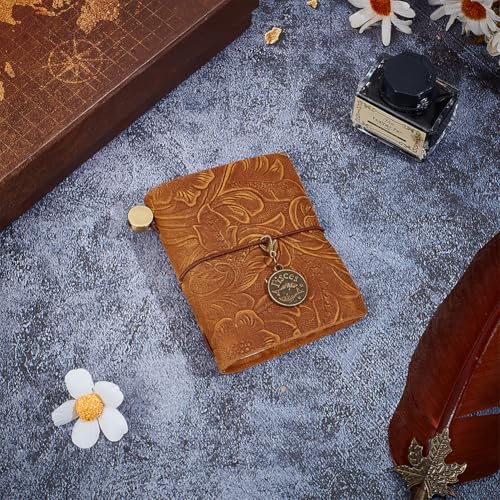 CRASPIRE Leather Journal Notebook Small Carving Floral Travel Vintage Daily 3.3x3.1in Blank Paper Refillable 128 Pages Bound Portable Notepad for Man Women Antique Gifts Artist Traveler Writing Brown - Image 4