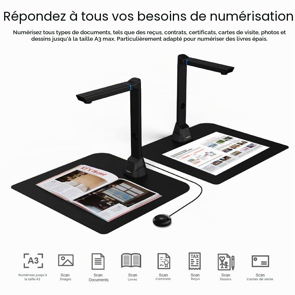 Viisan VK16 Scanner de Livres et de Documents. Corrigez automatiquement la courbure des Pages du Livre. Capturez Jusqu'au Format A3, l'édition de Documents et Le Logiciel OCR. Windows & Mac