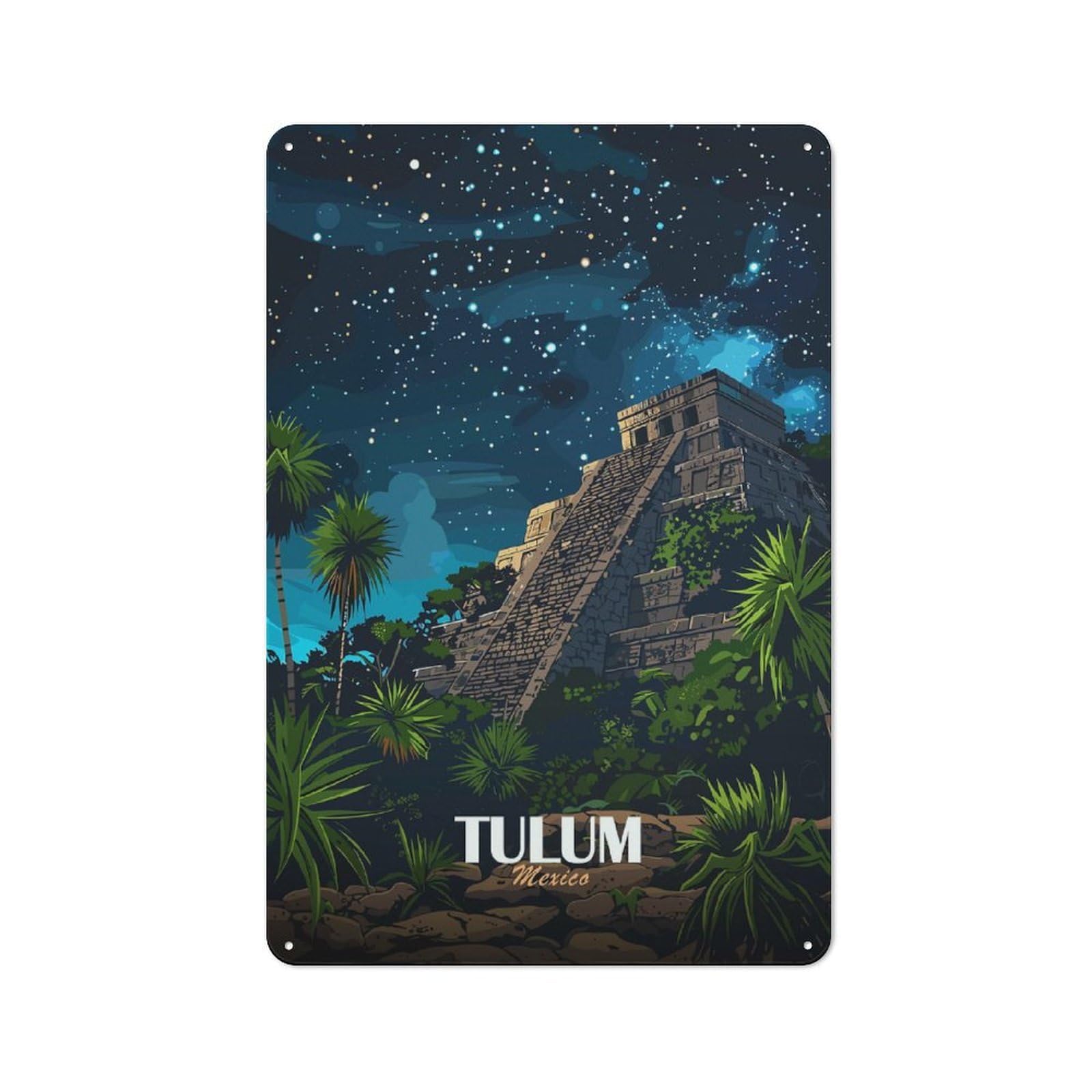 Junmoney Style-12 Rustic Tin Sign 30X20cm Featuring Tulum Mexico Night Sky Pyramid For Garage Or Workshop, For Garage, Workshop And Man Cave Decoration