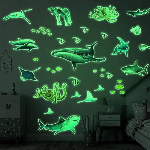 Miniatura 6 de Amaonm - Calcomanía de pared extraíble que brilla en la oscuridad de animales del océano que brilla bajo el mar, peces, despegar y pegar, decoración