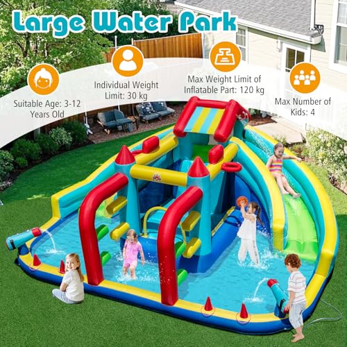 COSTWAY Inflatable Water Park, Giant Kids Bouncy Castle Jumper House with Dual Slides, Obstacle Course, Water Cannons, Climbing Wall, Splash Pool, Ring Toss, 473 x 370 x 221cm (without blower) - Image 4