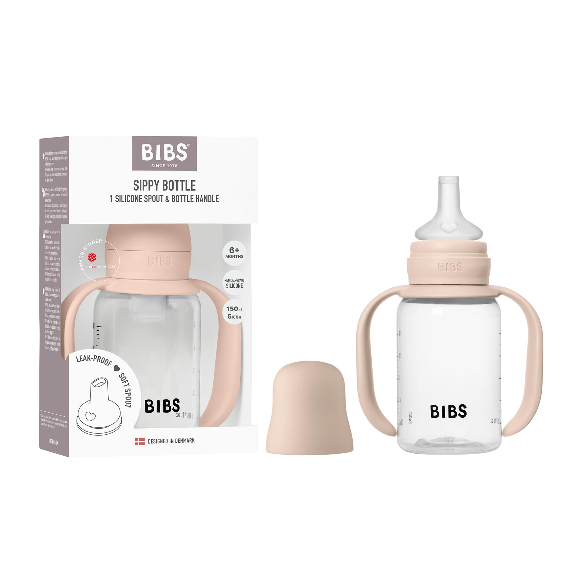 BIBS Trinklernflasche 150 ml – Auslaufsicherer Kinderbecher mit Leicht zu Greifenden Griffen & Weichem Silikon-Trinkschnabel – BPA-freier Trainingsbecher für Babys (0+ Monate) - Blush