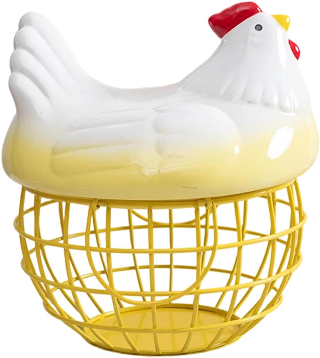 Chicken Egg Basket Fruit Bowl with Ceramic Hen Lid Decorative Egg Storage Basket Container for Vegetables Fruits Eggs Farm, Yellow