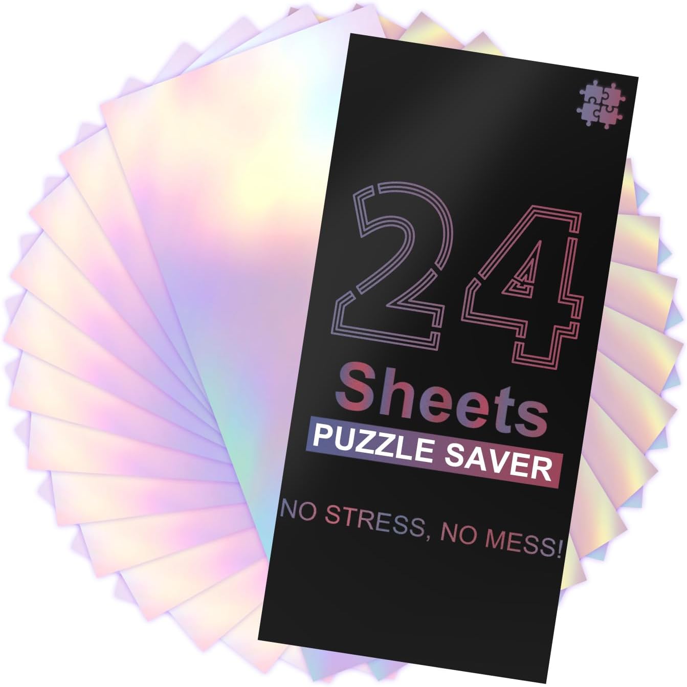 QIKSION Puzzle Glue Sheets for 4 X 1000 Puzzles, 24 Sheets Iridescent Puzzle Saver, Shiny Laser Puzzle Saver Sheets Peel and Stick, Holographic Foil Puzzle Glue and Frame No Stress & No Mess