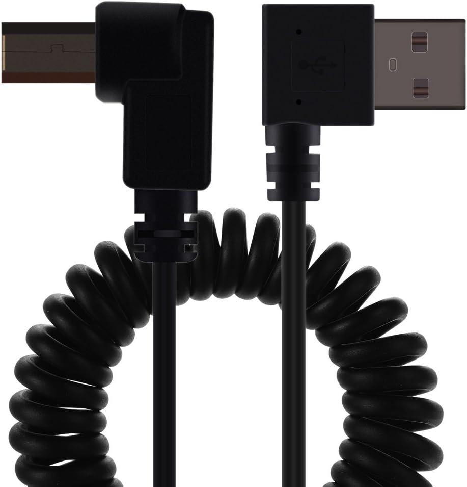 LOKEKE Coiled USB 2.0 Type A Male Right Angle to B Male Cable Right Angle for HP, Canon, Lexmark, Epson, Dell, Xerox, Samsung (Coiled USB 2.0 Type A Male)