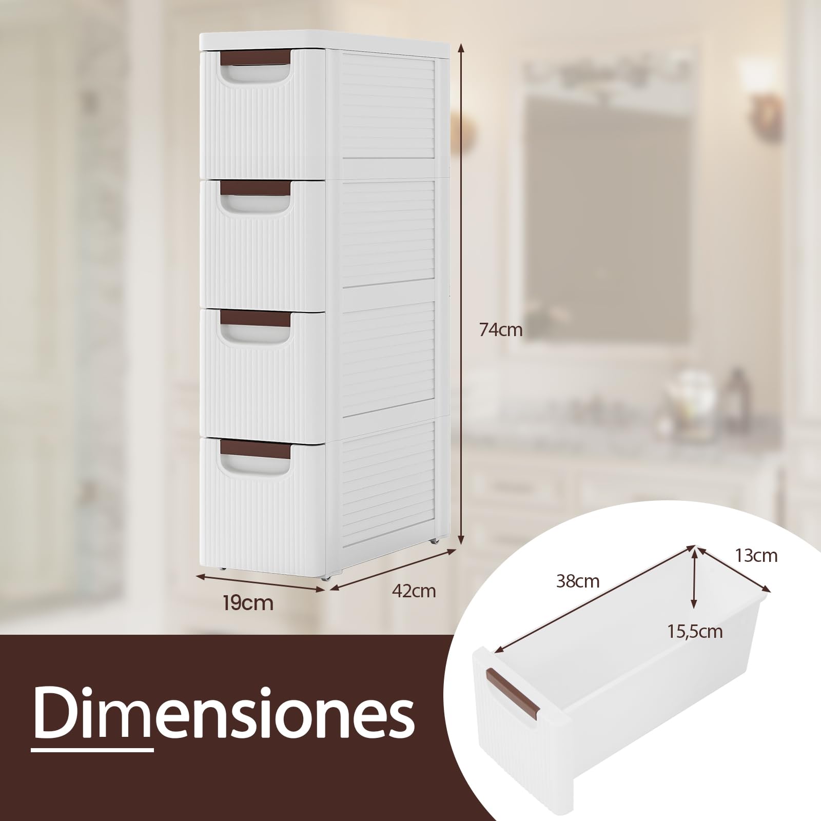 GIANTEX Cajonera Estrecha con Ruedas con 4 Cajones, Mueble de Almacenamiento de Plástico para Espacios Pequeños, Organizador para Baño, Dormitorio, Salón (42 x 19 x 74 cm)