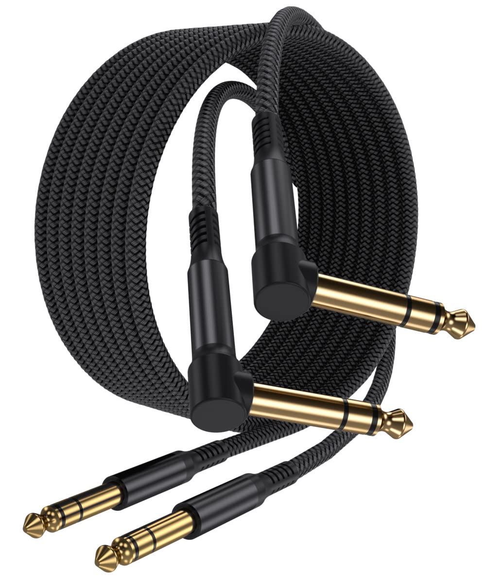 Elebase 1/4 Inch TRS Instrument Cable 15ft 2-Pack,Right-Angled to Straight 6.35mm Male Jack Stereo Audio Cord,6.35 Balanced Interconnect Line for Electric Guitar,Bass,Mixer,Amplifier,Speaker,4.5M - 4.5M - Black