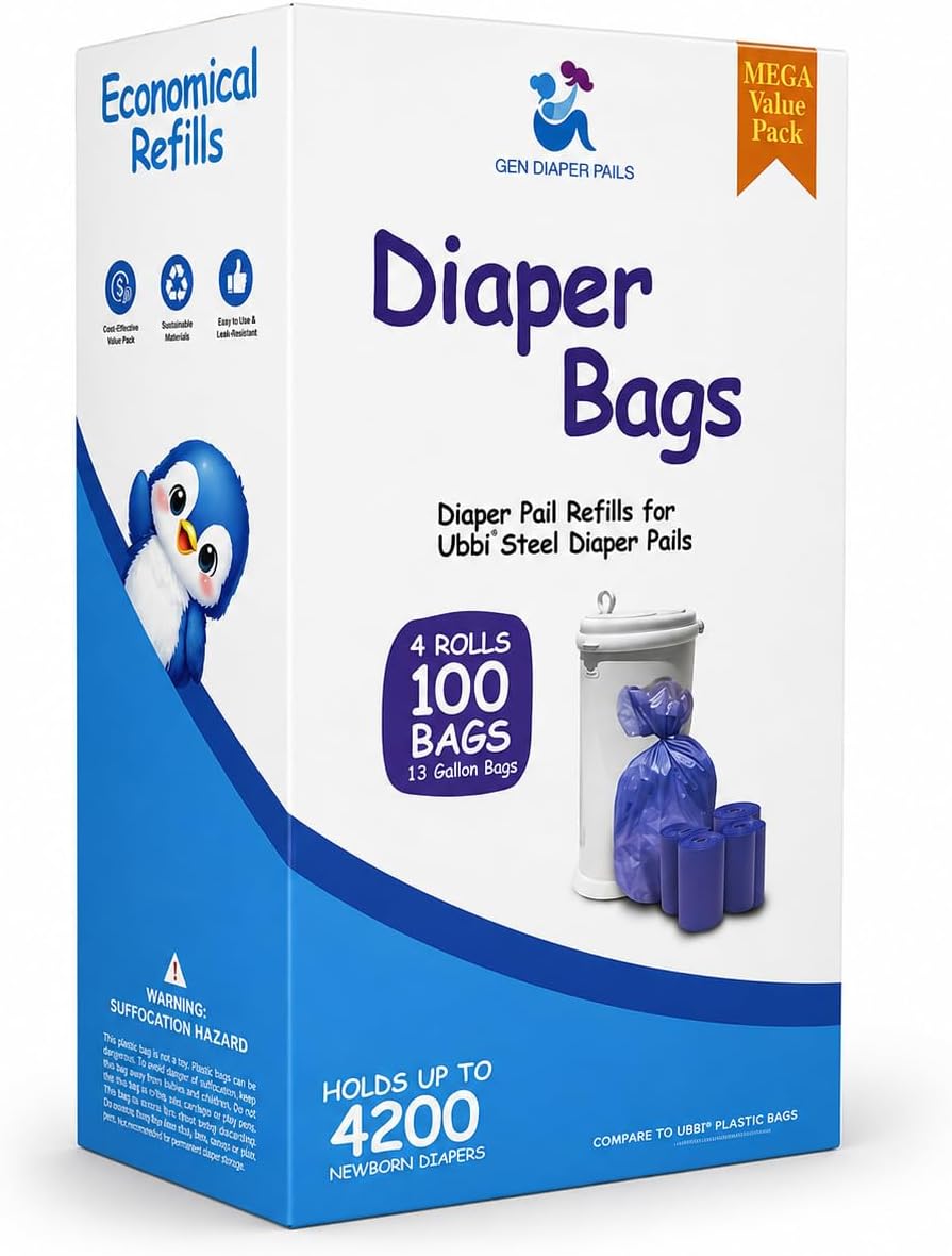 GEN Diaper Pail Bags Compatible with Ubbi Diaper Pails, (4 Rolls)