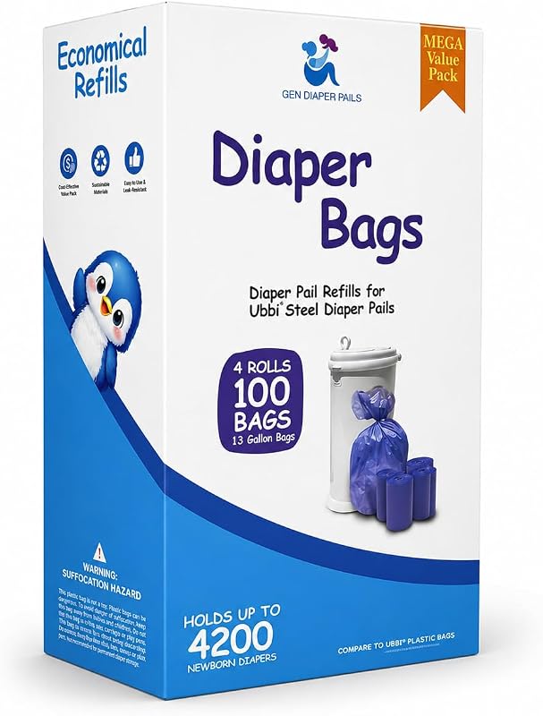 GEN Diaper Pail Bags Compatible with Ubbi Diaper Pails, (4 Rolls)