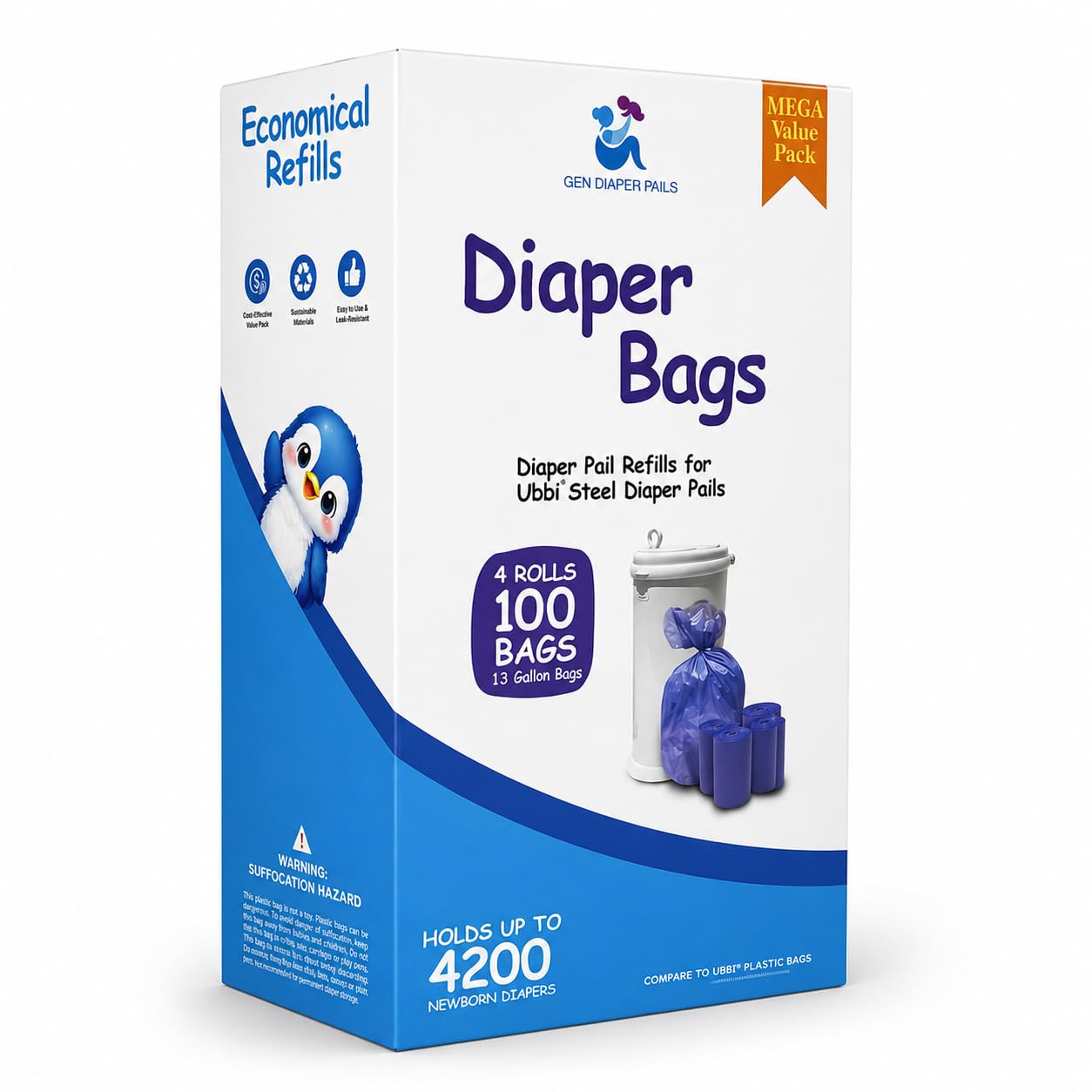 GEN - Bolsas de repuesto para cubos de pañales compatibles con cubos de pañales Ubbi, 100 unidades (4 rollos), capacidad de 13 galones, aroma a polvo fresco, resistente al desgarro, control de olores