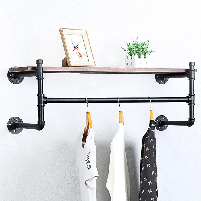 Buy Industrial Pipe Clothing Rack Wall Mounted with Real Wood Shelf