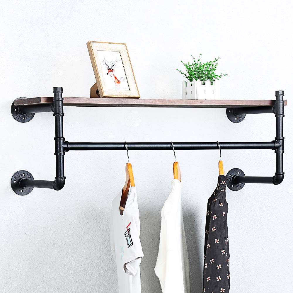Buy Industrial Pipe Clothing Rack Wall ed with Real Wood Shelf,Rustic