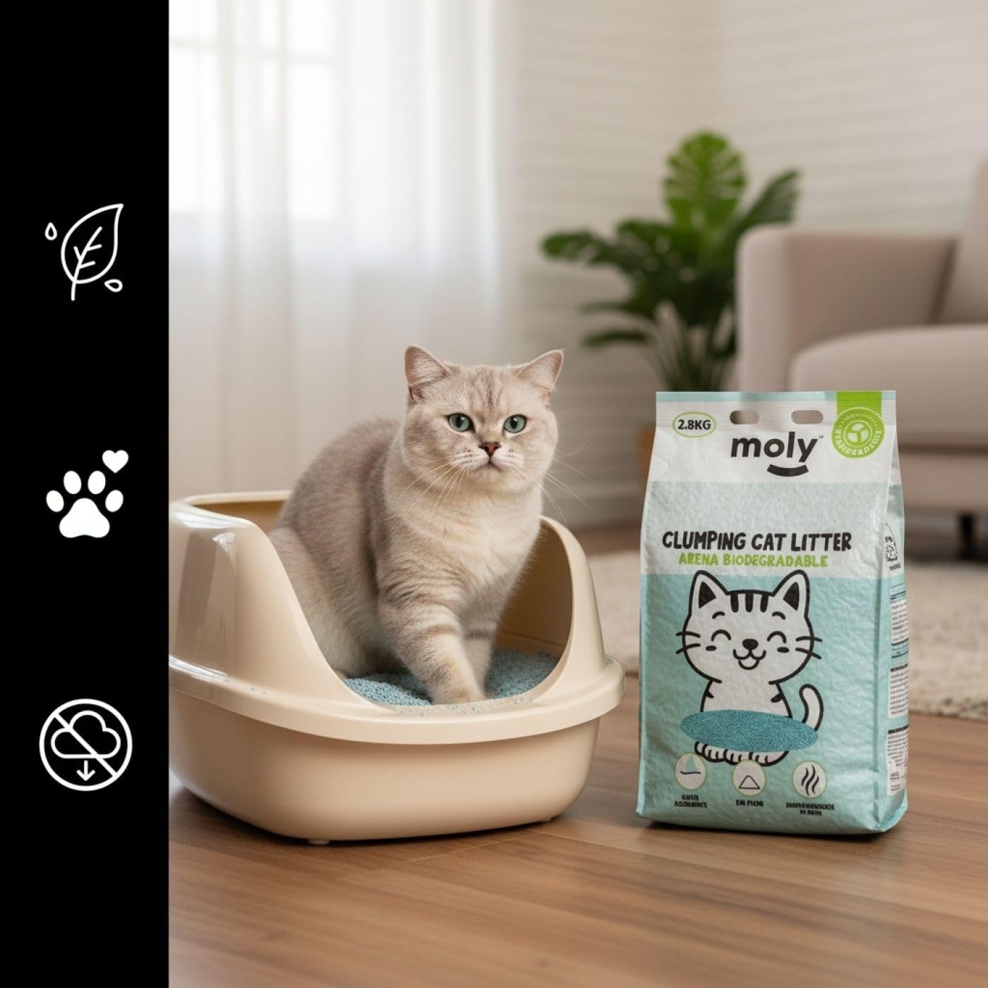 MOLY x3 Arena de Gatos Tofu de Maiz y Bambu 8,4 KG 11,1 L | Arena Biodegradable y Aglomerante Alta Absorcion con Aroma de Talco | Control Total de Olores | Sin Polvo | Lecho Mineral - 5