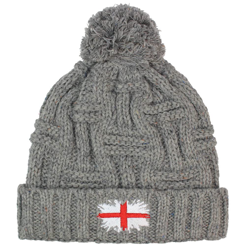 Teddyt's Unisex Grey, White, Red England Flag Art Embroidered Grey Chunky Cable Knit Thermal Bobble Hat
