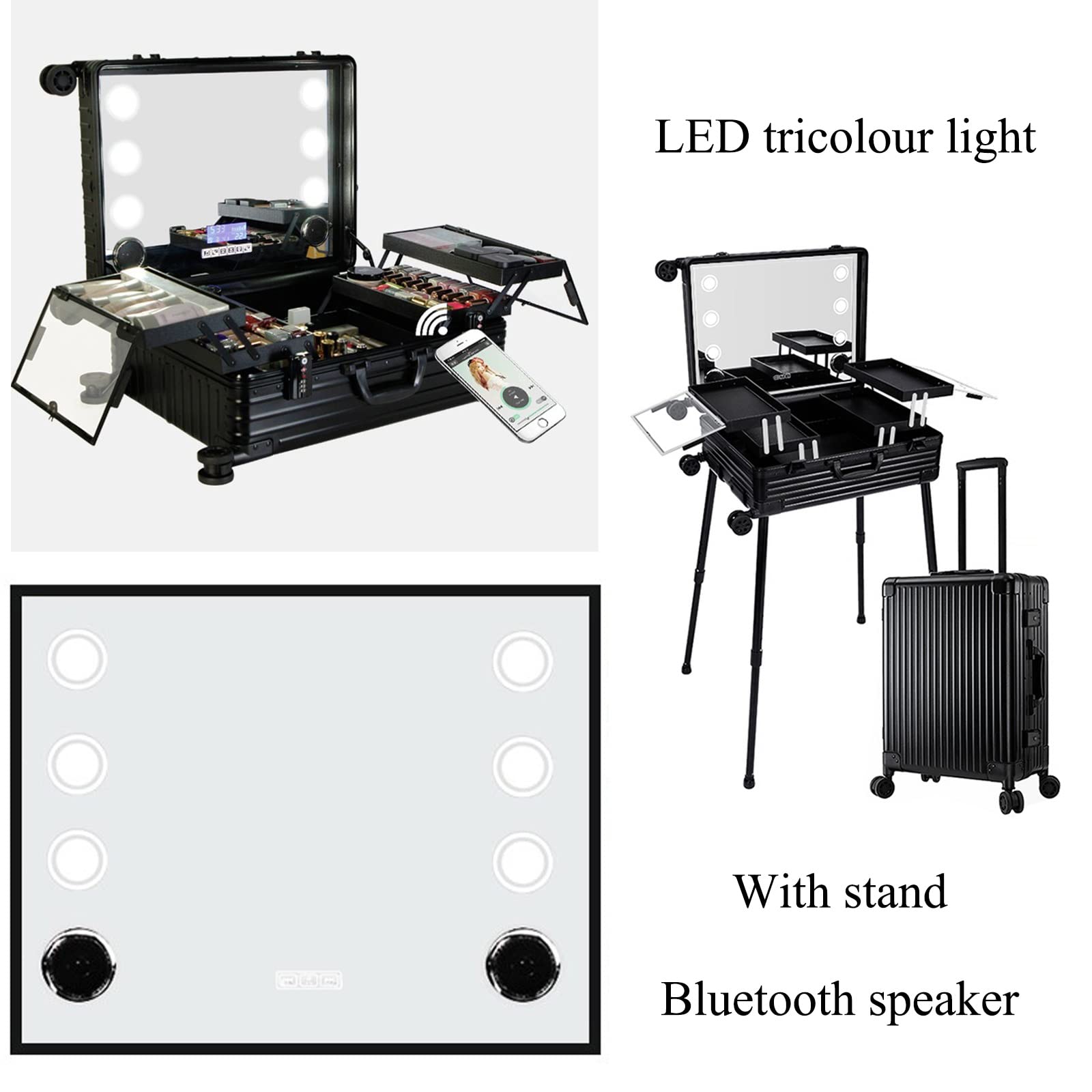 Organizer na kosmetyki do makijażu, wózek na kółkach z 4 kółkami, lusterko LED, zamek szyfrowy, aluminiowa stacja do makijażu, 1 sztuka, Srebrny