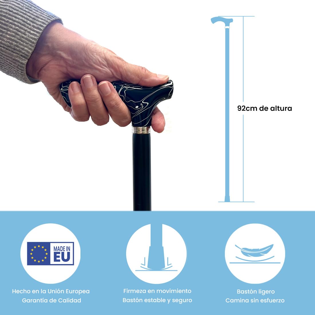 Flexor Bastón Clásico de Paseo de Madera con Puño de Metacrilato Jaspeado en Negro, Cómodo y Ligero, 92 cm