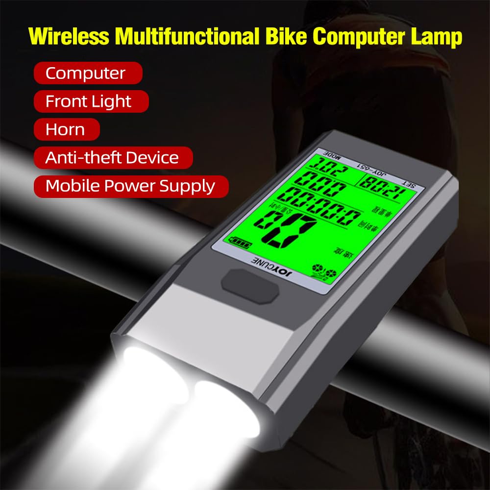 Domary Computer da Bici Wireless con Luce Frontale a LED Contachilometri Corno Contachilometri 4600mAh Power Bank Allarme a Vibrazione Retroilluminazione Verde per Ciclisti Pendol
