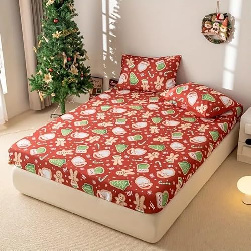 クリスマスツリークイーンサイズ ベッドシーツサンタクロースベッドカバー柔らかい通気性マイクロファイバー 3点セット防ダニ高反発 吸水 速乾 抗菌 防臭 防ダニと 2 枕カバー43x63 cm着脱簡単 丸洗い可能 マットレスカバー160x200x30 cm