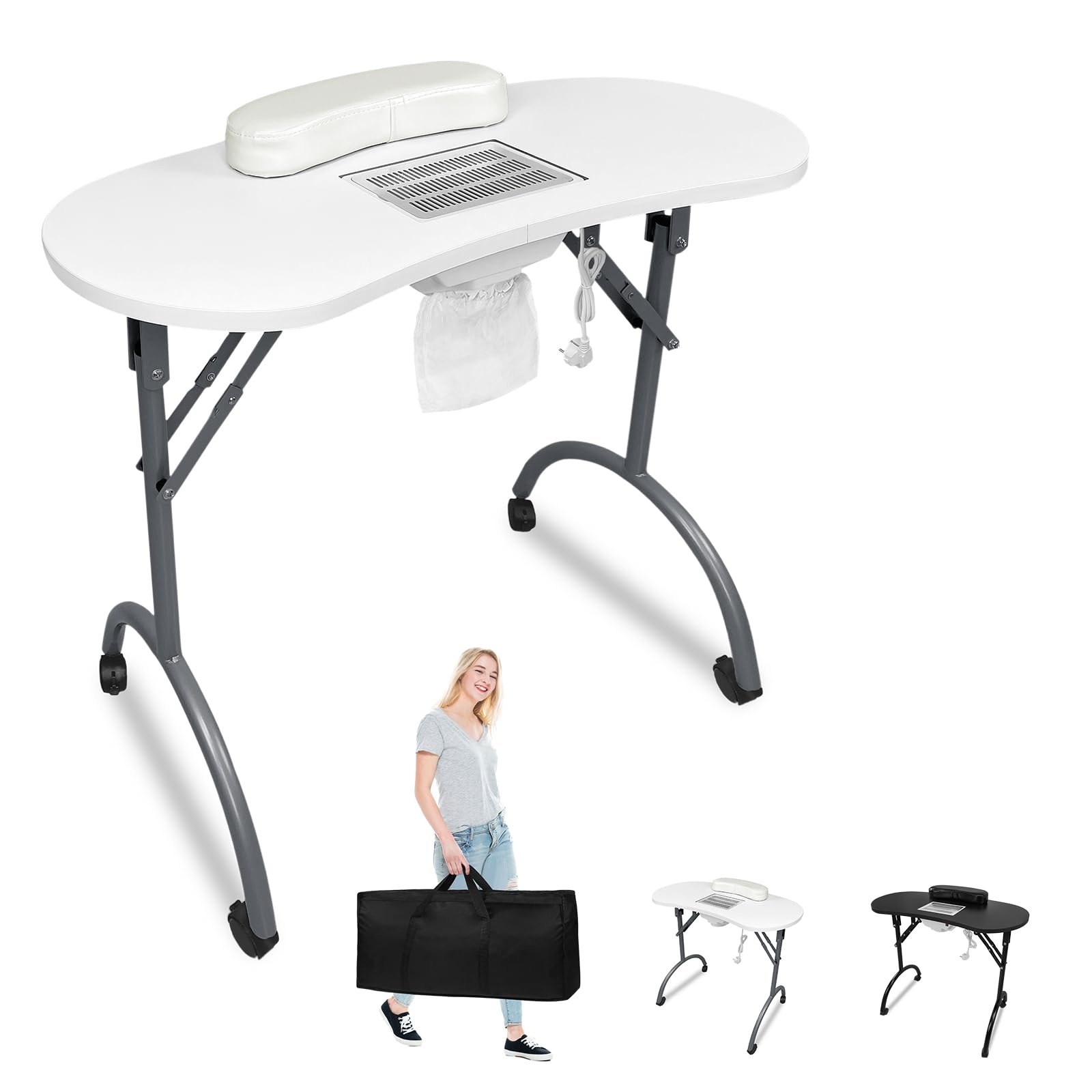 Mesa de manicura con aspiradora, color blanco, mesa de manicura, plegable, con aspiradora de uñas, ruedas y cojín para la muñeca, para la extracción de polvo, salón de uñas, 90 x 37 x 77 cm
