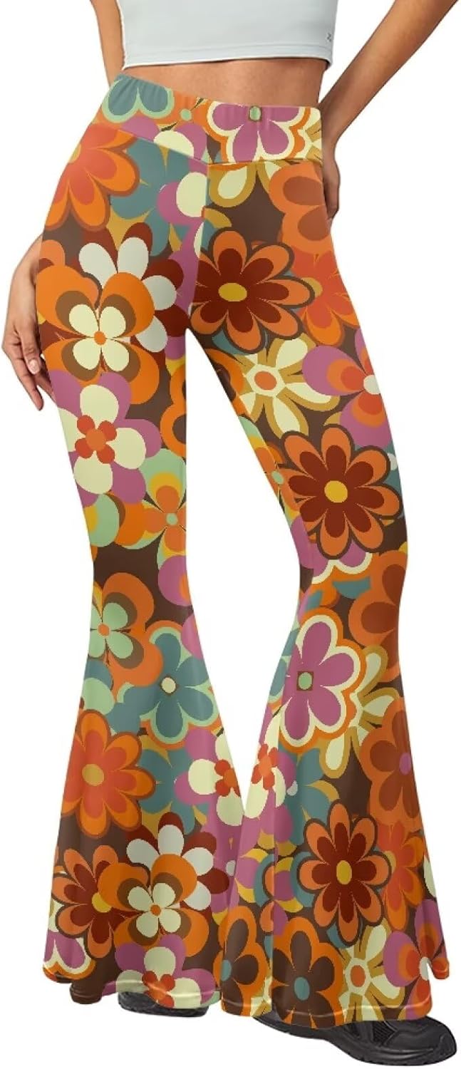 Women's 70S Yoga Pants Flare Ladies Hippie Flower Flared Leggings Athletic Leggings High Waisted Workout Pants
