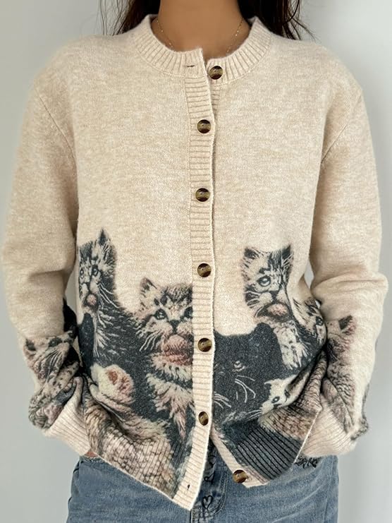 Cat Sweaters for Women Oversized Cardigan Sweater Crew Y2K Button Knit Cardigan Sweater Cute Cat Cardigan Sweaters2
