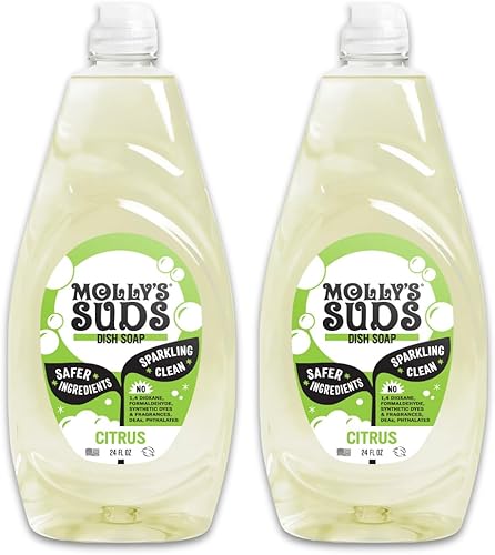 Molly's Suds Jabón líquido natural para platos Ingedientes alimentados por plantas de larga duración y potentes Sin perfume, sin fragancia, 16