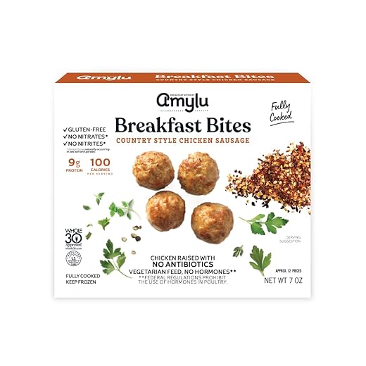 Amylu Foods Chicken Sausage Breakfast Bites, Country Style, Natural Ingredients, 14g of Protein, GAP Certifed Chicken Raised with No Antibiotics, Fully Cooked, Gluten-Free, Pork-Free, No Nitrates or Nitrites, 7 oz
