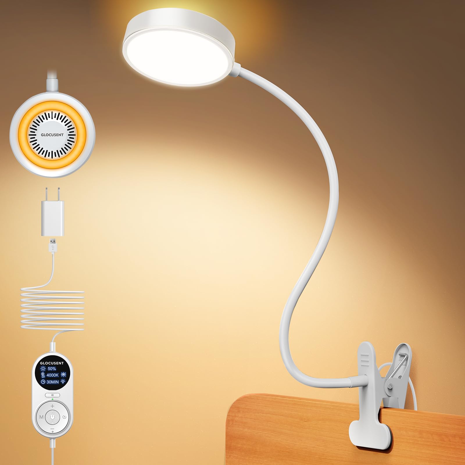 Glocusent Leselampe Bett, 72 LED Klemmlampe mit 3 Farben & 5 Helligkeiten, Flexibel Bettlampe mit Amber Nachtlicht, 30/60-Min Timer, Augenschutz, für Bett/Lesen/Arbeiten (Mit Adapter Weiß)