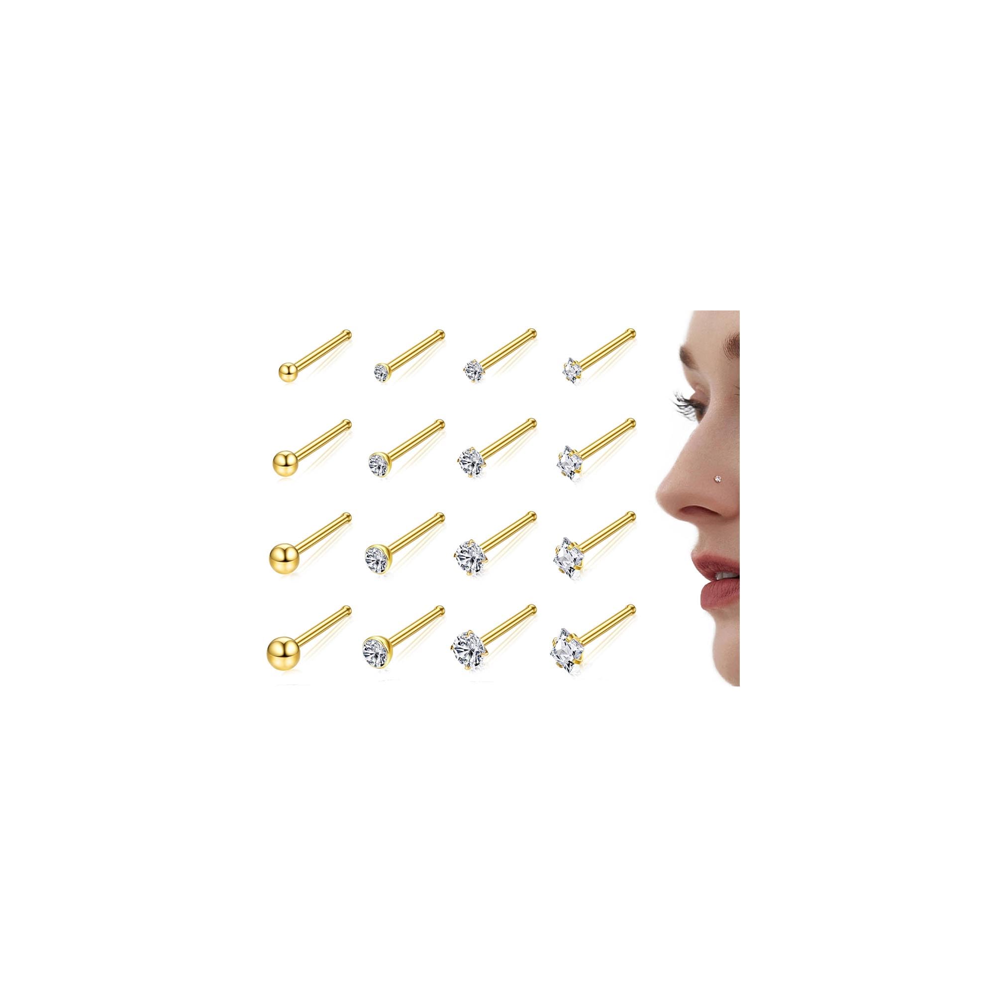 Adramata 16Pcs 20G Piercing Nariz Acero Quirurgico Relleno de Oro de 14K CZ Pelota Piercing Nostril Pequeño Piercing de Nariz en Forma de L/S/I Piercing Nariz Plata Piercing Nariz Oro
