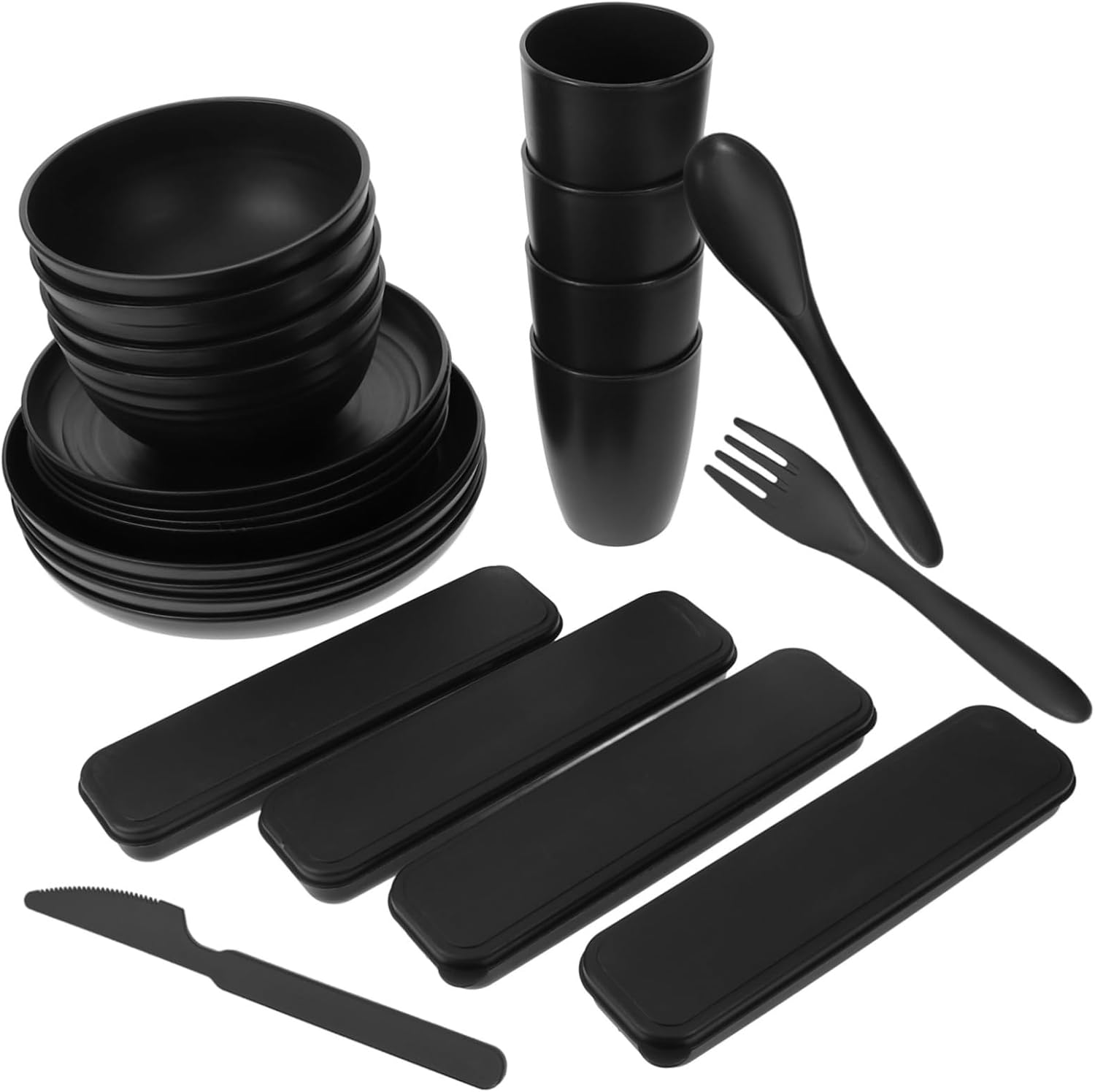 4sets Camping Utensil Black Picnic Dish Fork Spoon Knife Bowl Cup Reusable Compact Storage Case