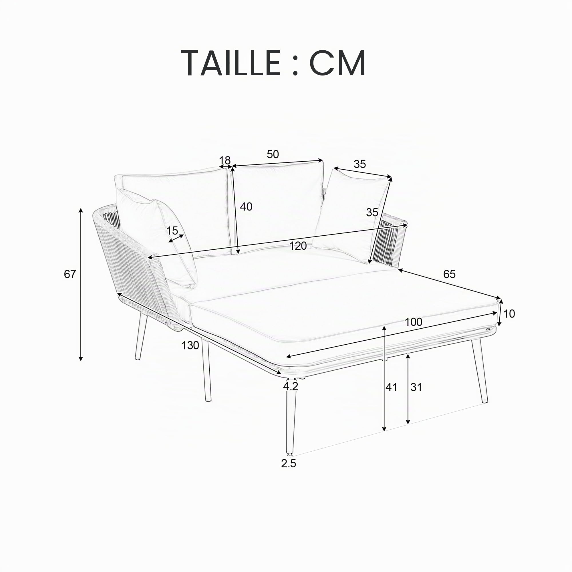 Salon De Jardin avec Canapé 2 Coussins Et 2 Polsters, Transformable en Chaise Longue, Ensemble Balcon Terrasse, Coussins Amovibles Lavables Beige
