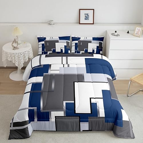 Miniatura 1 de Erosebridal Juego de edredón azul gris blanco para niños y niñas, juego de ropa de cama geométrico Queen, juego de edredón cuadrado de acuarela,