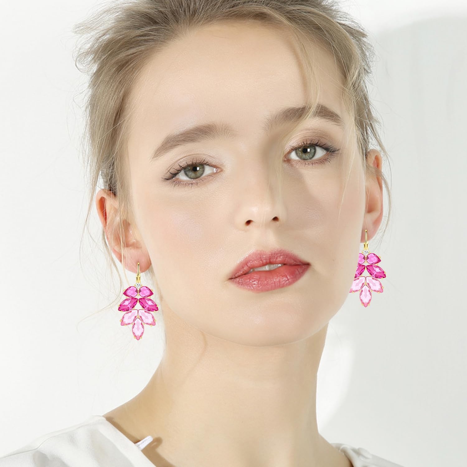 Bohemian Dainty Sparkly Crystal Rhinestone Leaf Dangle Drop Leverback Earrings For Women Wedding - Image 2