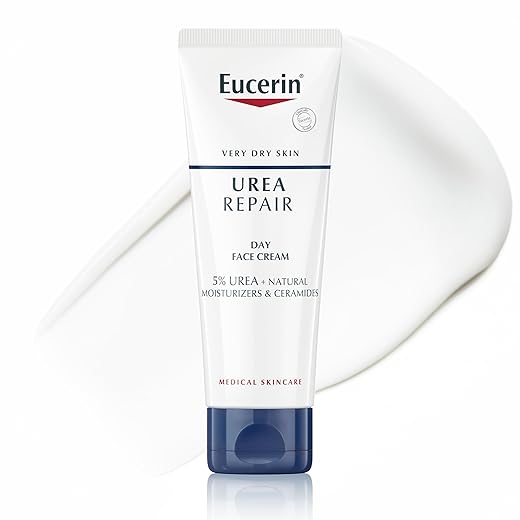 Eucerin Urea Repair Crema Viso Levigante 5% 50 ml, Crema viso idratante 48h ad assorbimento rapido, Formula con Urea al 5%, Ceramidi e Acido Lattico per pelle secca e molto secca