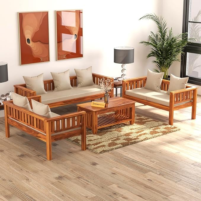 Image of KINGS HOME FURNITURE Sheesham Wooden 7 Seater Sofa for Living Room | Rosewood 7 Seater Cushion Sofa Low Height | Solid Wood Sofa Set for Lounge (3+2+2,Honey)