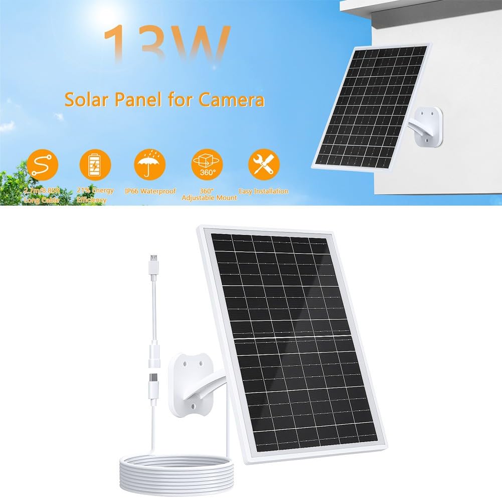 Caricatore per pannello solare da 13 W per telecamere di sicurezza, impermeabile IP68 con porte USB-C/Micro-USB/DC, supporto regolabile a 360°, cavo da 2,2 m, per alimentazione esterna