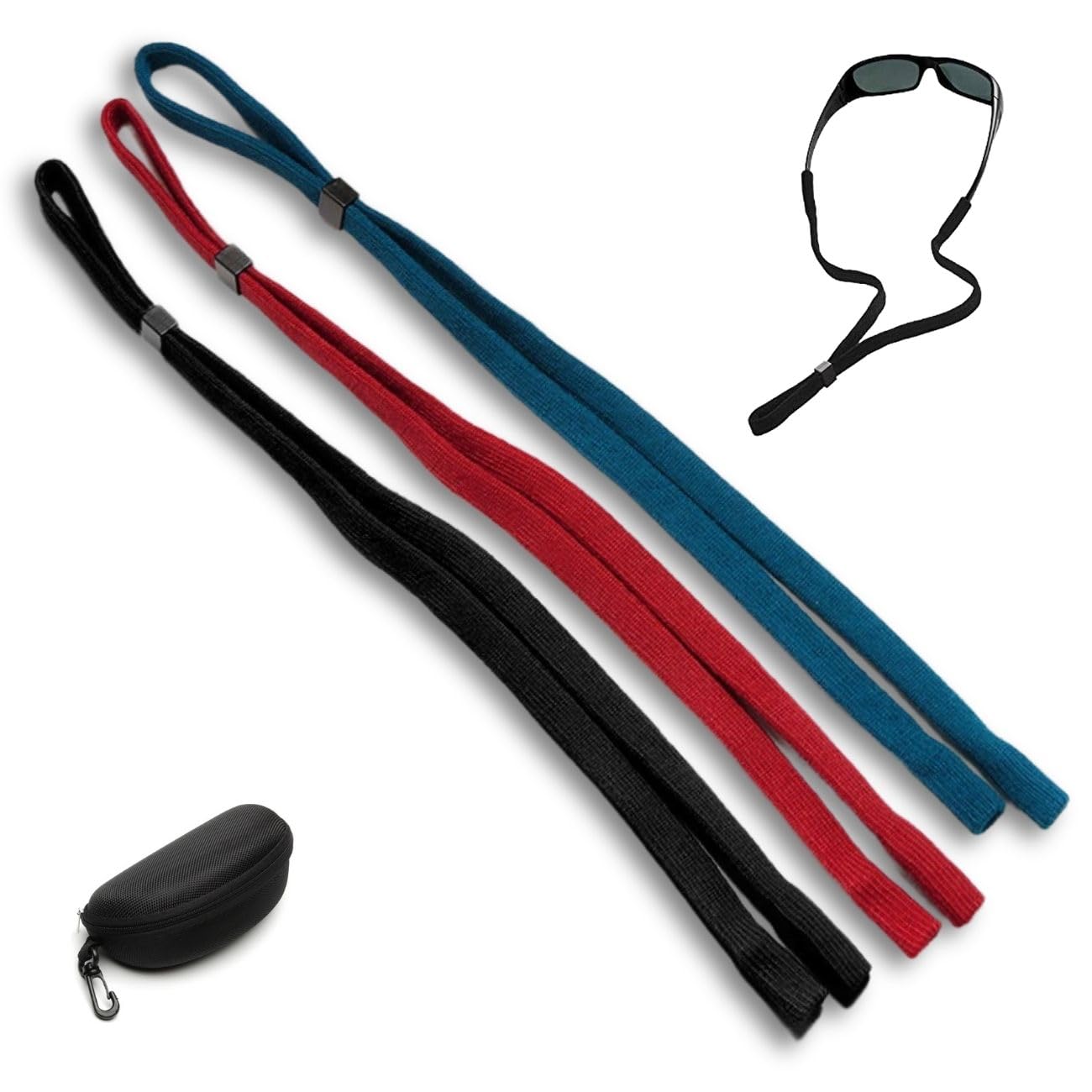 dynamoll Pack 3 Correas + Funda Rígida, Cordón Ajustable antideslizante para Tus Gafas de Sol, Graduadas o de Lectura. Incluye Funda con Mosquetón para transportar tus Lentes, para Hombre, Mujer y Niño