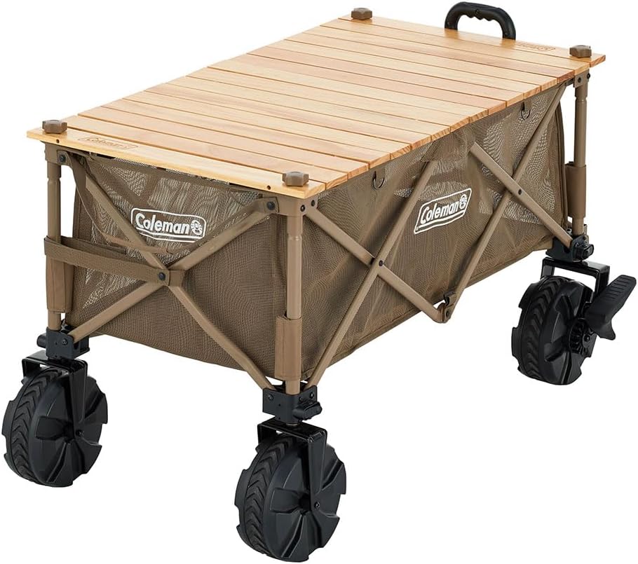 Colemanのアウトドアワゴンに天板を載せた画像