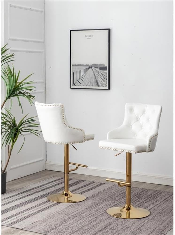 Pemberly Row Modern Velvet Tufted Gold Bar Stools, White Upholstery, 2-Piece Set, Adjustable Swivel Design, Chrome Finish, 300 lb Capacity, Glam Seating for Kitchen or Home Bar