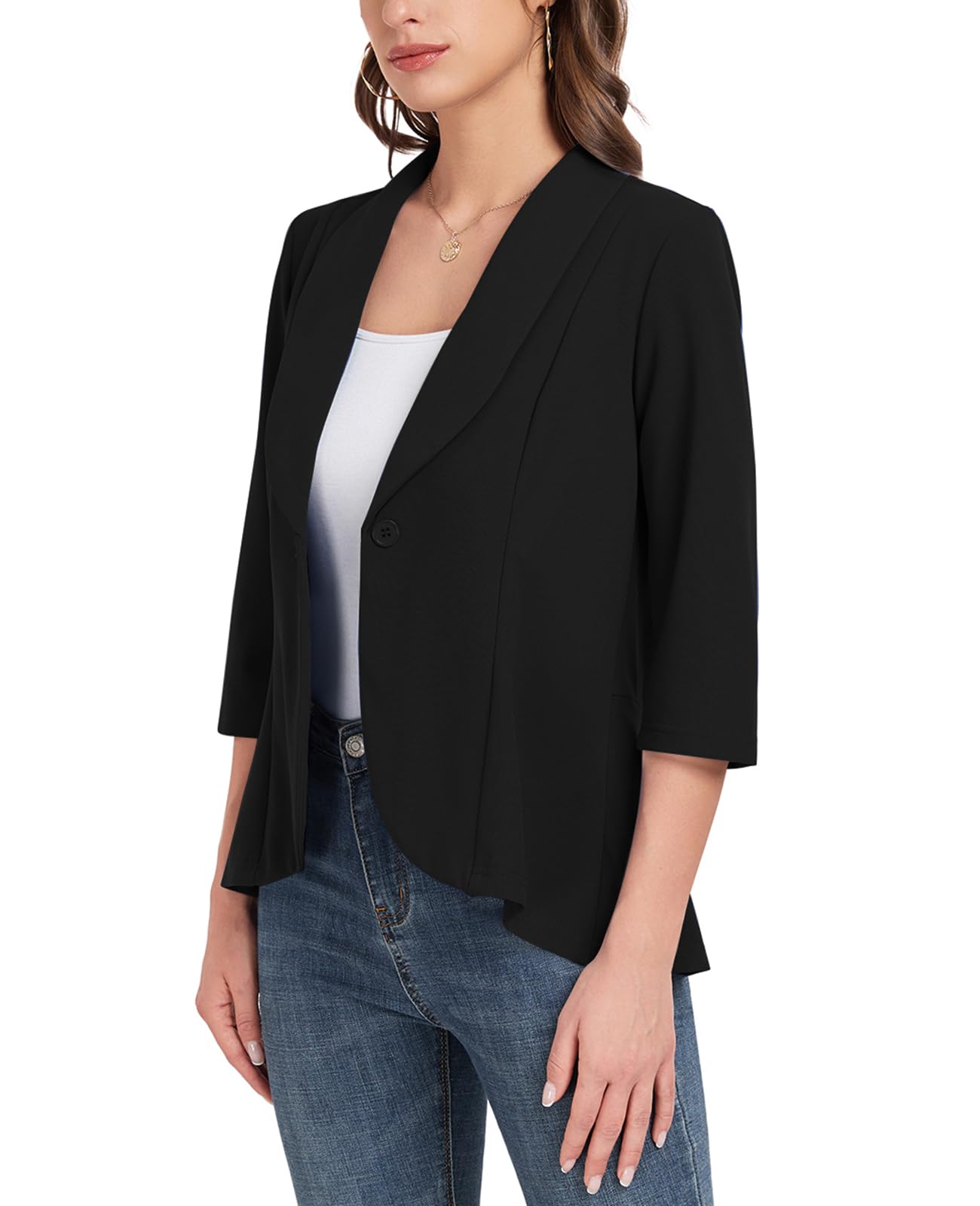 Blazer für Damen, 3/4-Ärmel, vorne offen, Blazer, Knopf, Schalkragen, Damenjacken, Arbeit, Büro, Blazer, Jacken