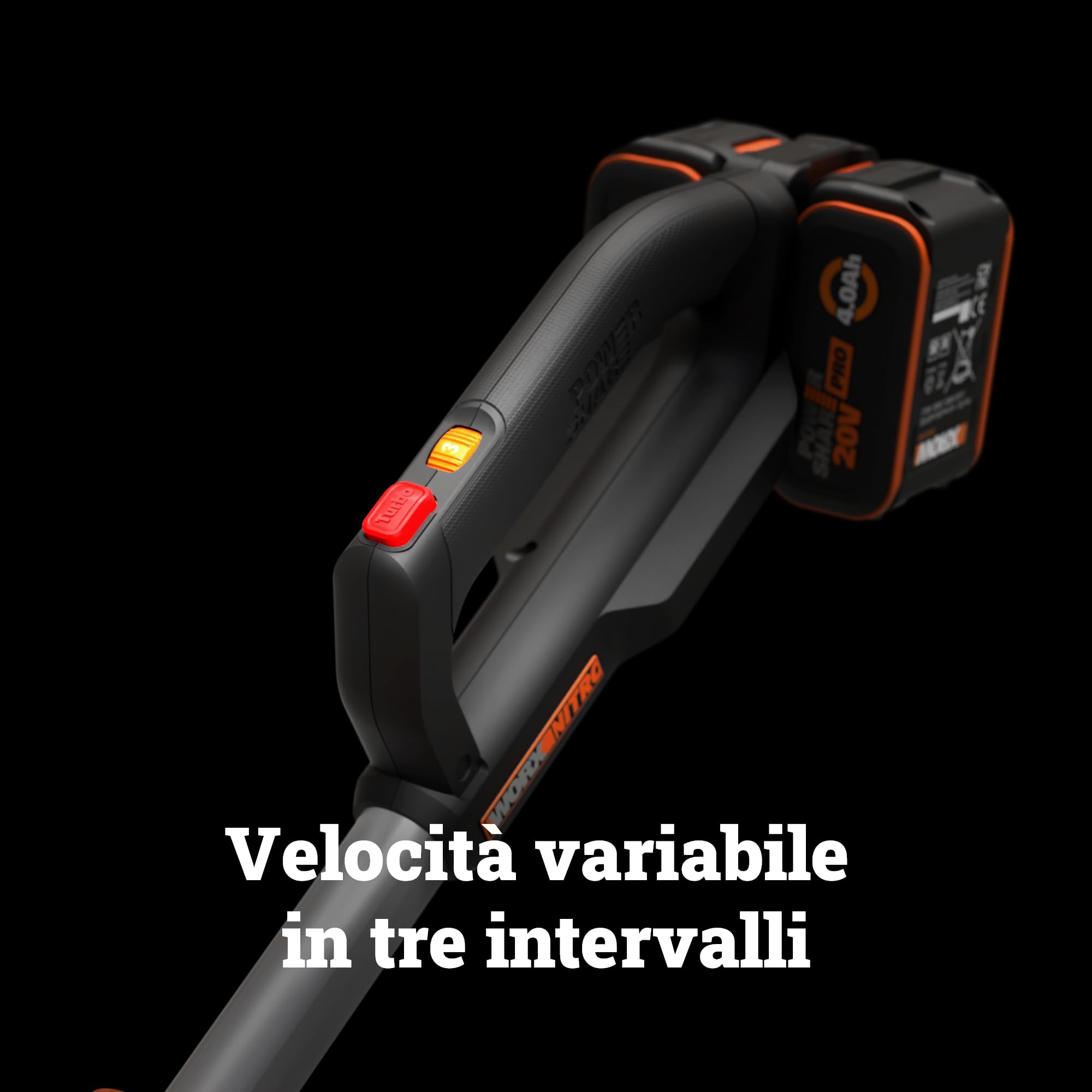 WORX Nitro WG585E.9 soffiatore a batteria da 40 V (2 x 20 V), motore brushless, tre velocità e modalità turbo, velocità dell'aria 266 km/h, leggero e compatto, senza batteria e caricatore