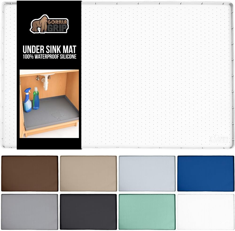 GORILLA GRIP Waterproof Silicone Under Sink Mat with Raised Lip for Kitchen and Bathroom, Cabinet Shelf Liner Stay in Place Mats Dishwasher Safe Drawer Liner, Organizer Tray, 19 x 34 in, White 19"W x 34"L White
