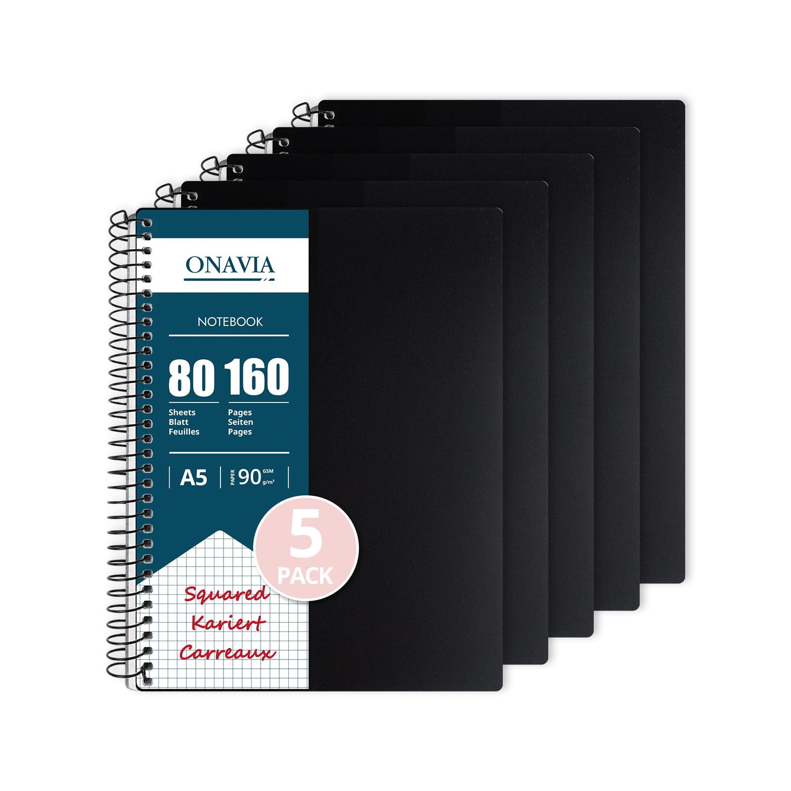ONAVIA Pack 5 Cuadernos de Cuadrícula A5, 80 Hojas Papel 90g/m², Negro | Cuadrícula 5 mm con Encuadernación Espiral, Libreta para Apuntes, Bocetos, Registro de Datos y Tareas