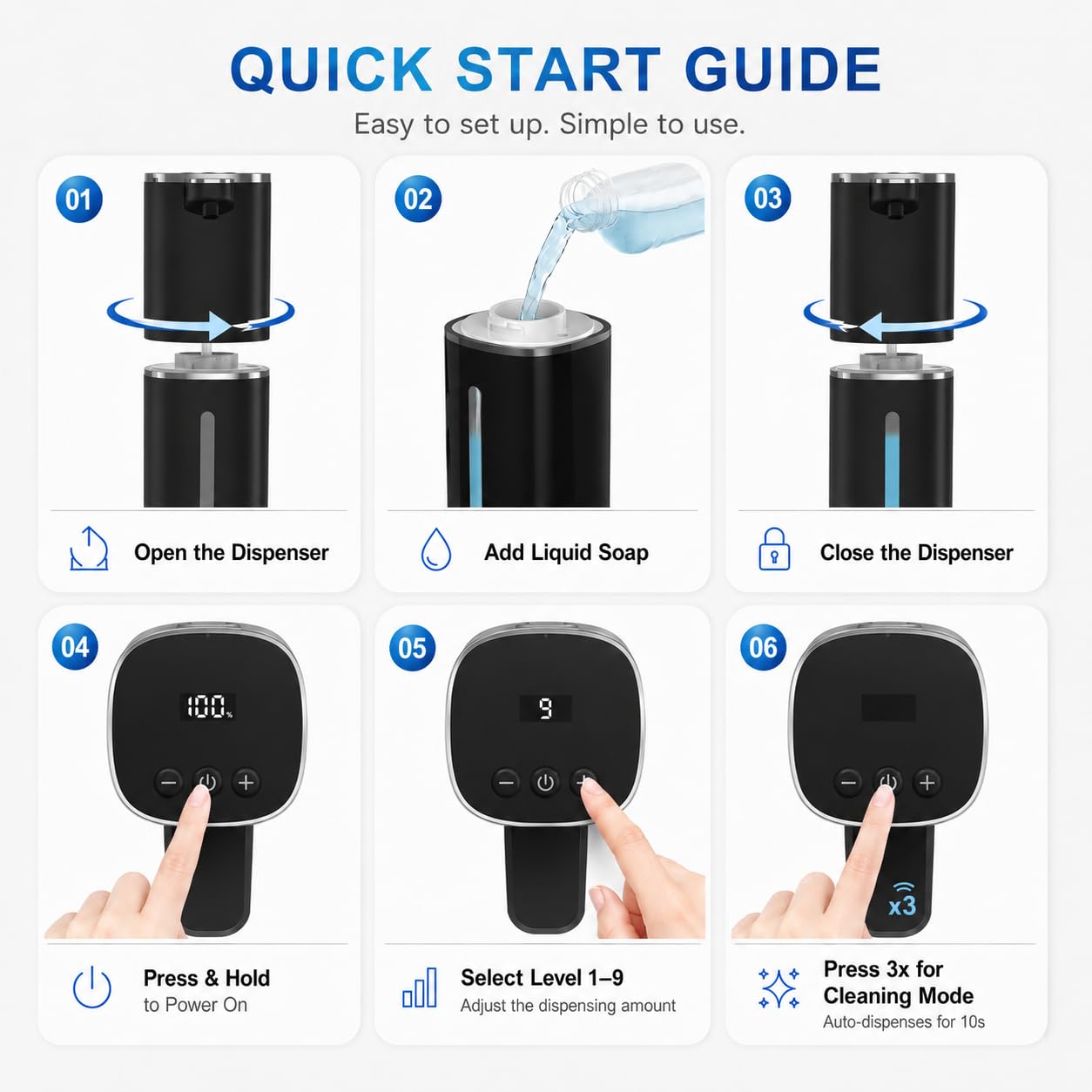Dispensador automático de jabón líquido, 9 niveles ajustables, 380 ml, dispensador de jabón de manos o jabón para platos, sensor IR y pantalla, montaje en pared o mesa para baño, cocina (negro)