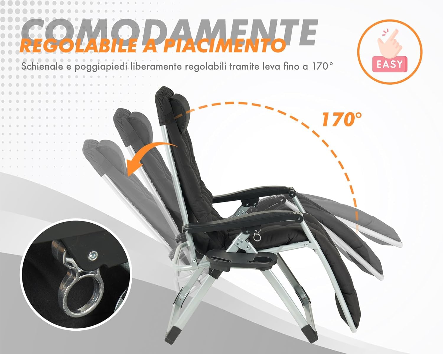 IlGruppone Sedia Sdraio 0 gravità Reclinabile Giardino Poltrona Pieghevole Relax Prendisole Lettino Cuscino Imbottito Portabicchiere Patio Campeggio Spiaggia con Poggiatesta Regolabile - Nera
