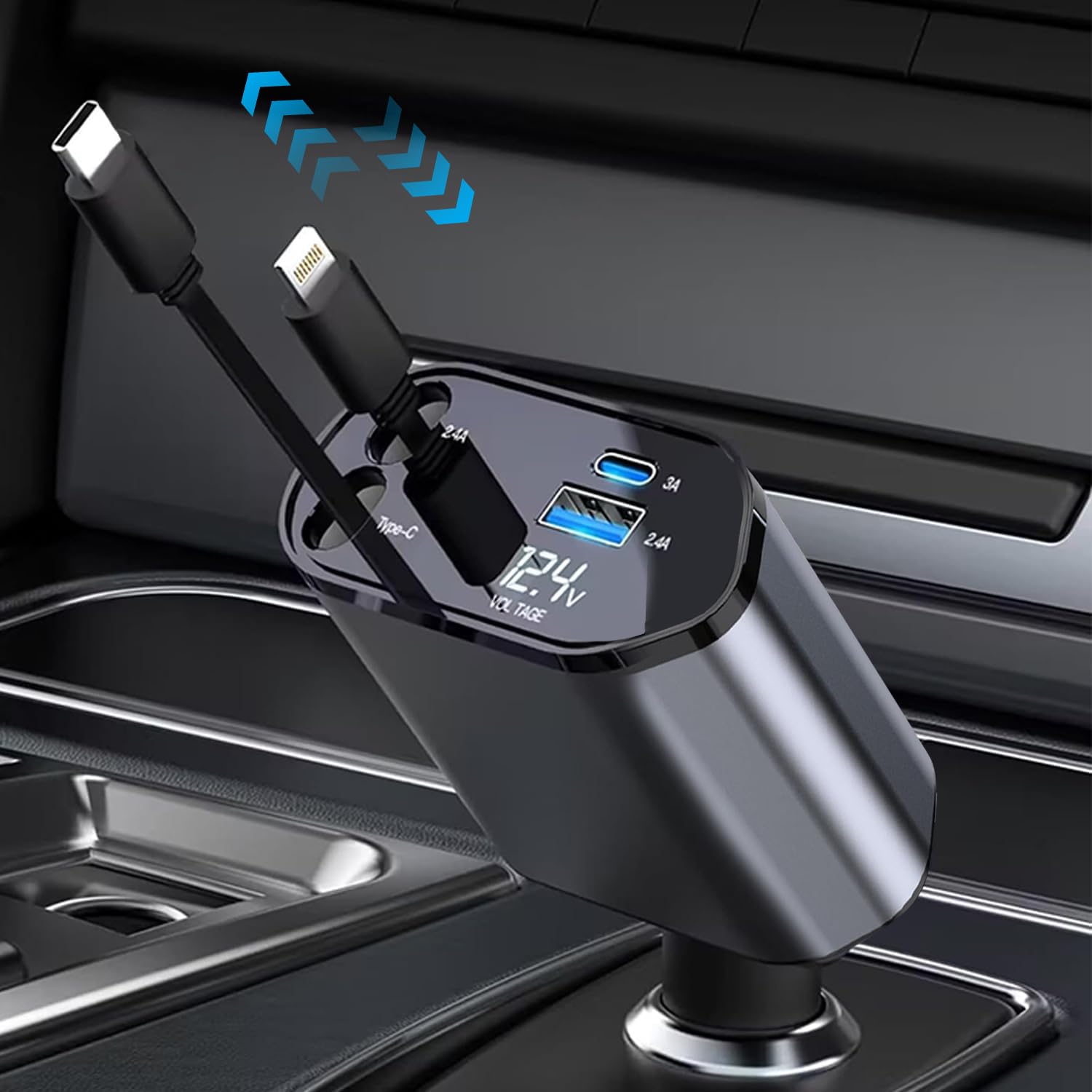 【2025新設計】4in1 車用充電器 シガーソケット 4台同時 カーチャージャー 巻き取り式充電ケーブル 2本 Type-C 100W / Lightning 20W 急速充電 対応 iPhone 16/15/14/13/12, Galaxy S22/S21 Ultra, Xperia, iPad, AQUOSなど LED電圧計付き DC12/24V車対応 旅行 便利グッズ カー用品