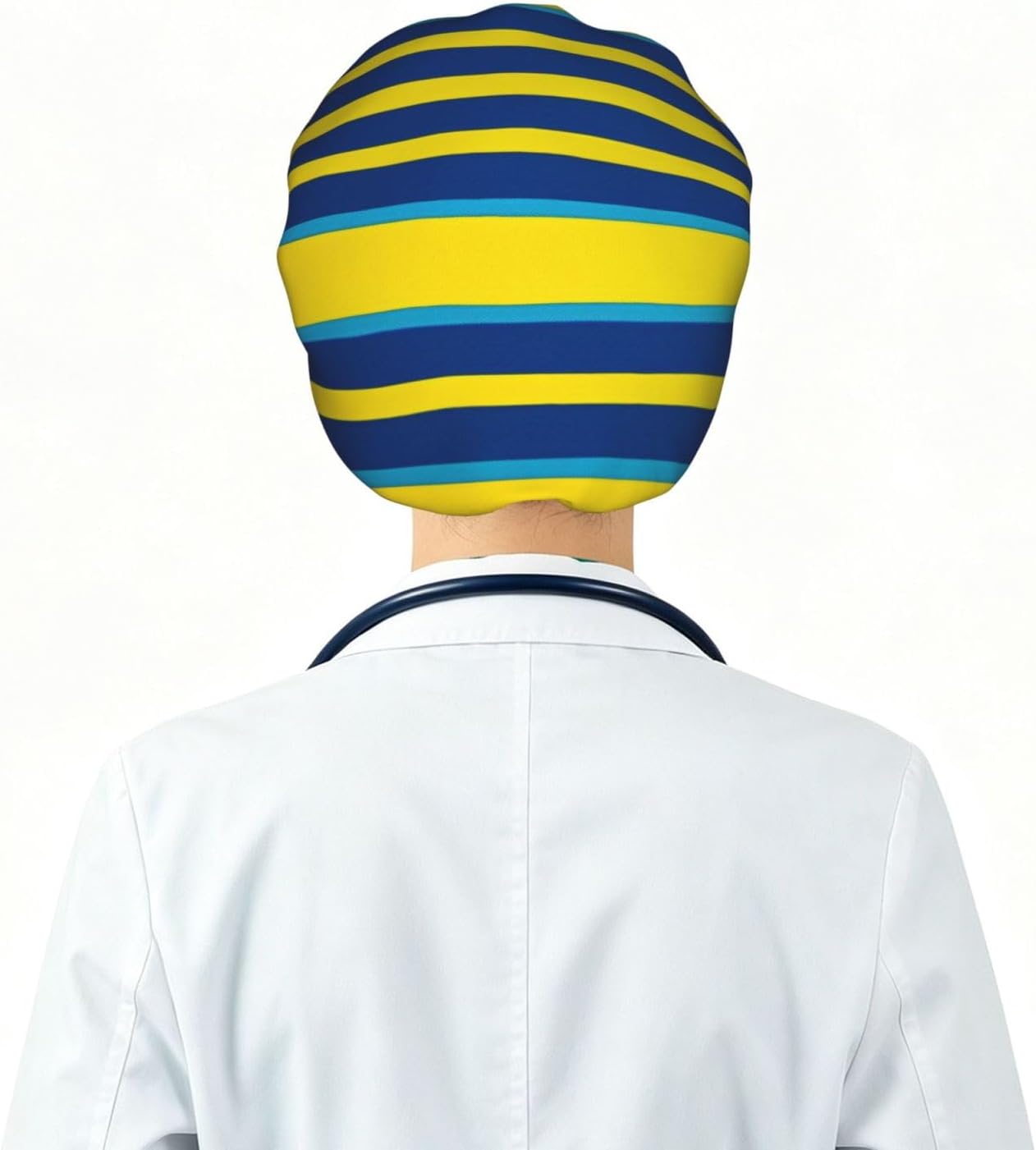 Yellow and Blue Stripes Bouffant Cap with Buttons, Sweatband Cap