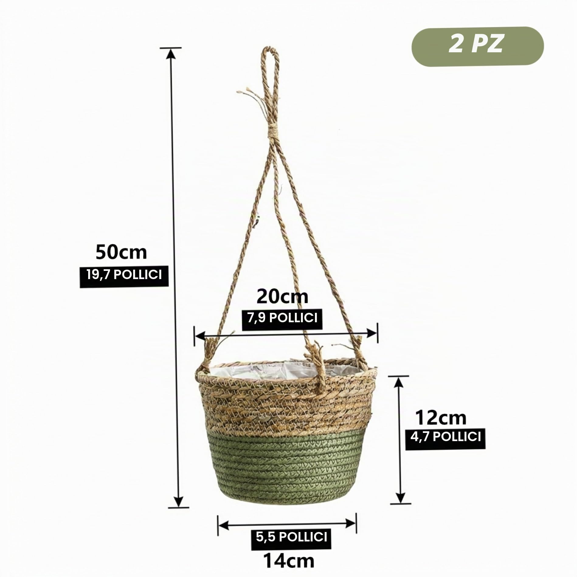 Confezione da 2 cestini sospesi Fioriera sospesa per interni in marina naturale con gancio in rattan intrecciato a mano per decorazioni per la casa Boho, esposizione di piante per giardino