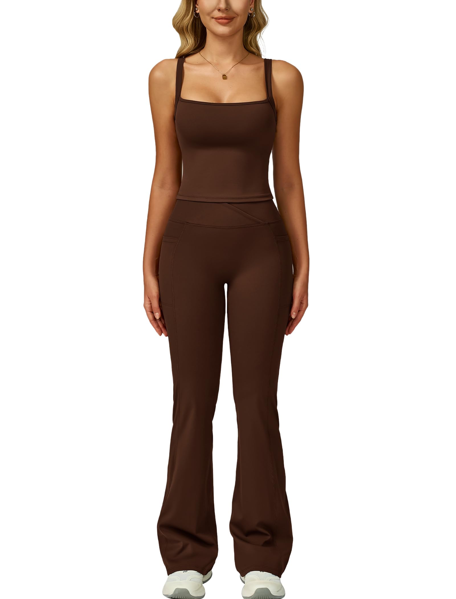 Workout Sets for Women 2 Piece Square Neck Tank Top and Butt-lifting Flare Leggings with Pockets Active Outfits